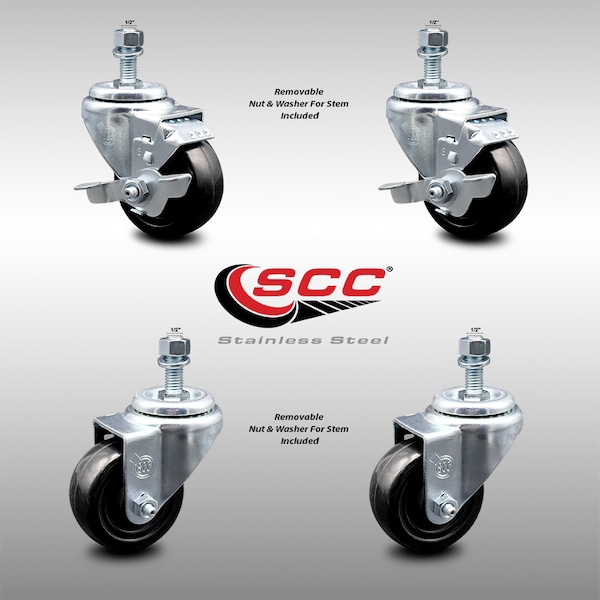 Service Caster 3 Inch SS Hard Rubber Wheel Swivel 1/2 Inch Threaded Stem Caster Brakes SCC, 2PK SCC-SSTS20S314-HRS-121315-2-TLB-2 - main